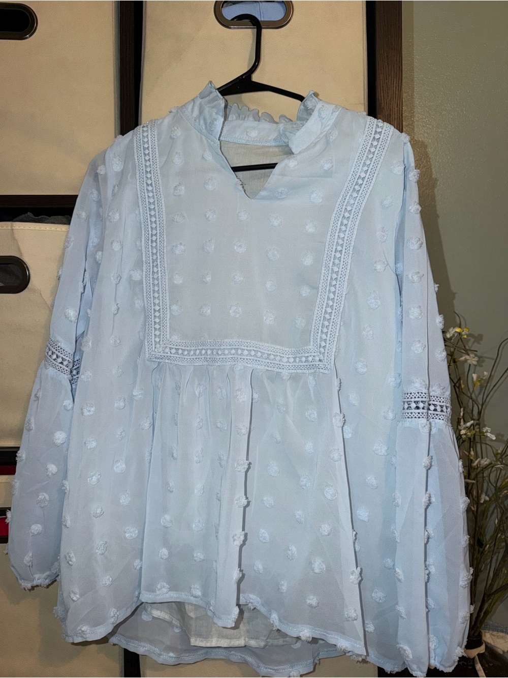 SHEIN Light Blue Swiss Dot Peasant Blouse